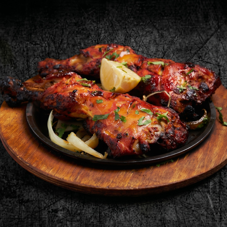 Sizzling tandoori chicken drumsticks with lemon and onions on a black plate and wooden board.