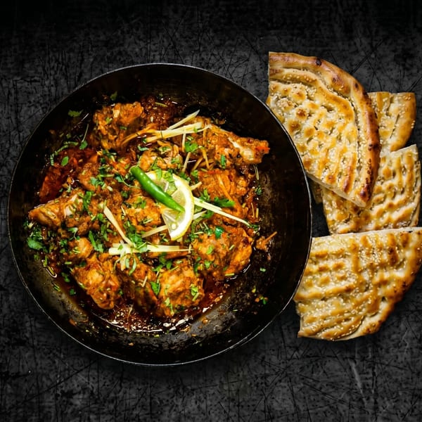 Chicken karahi in a black pan, garnished with cilantro, ginger, chili, and lemon, served with naan.