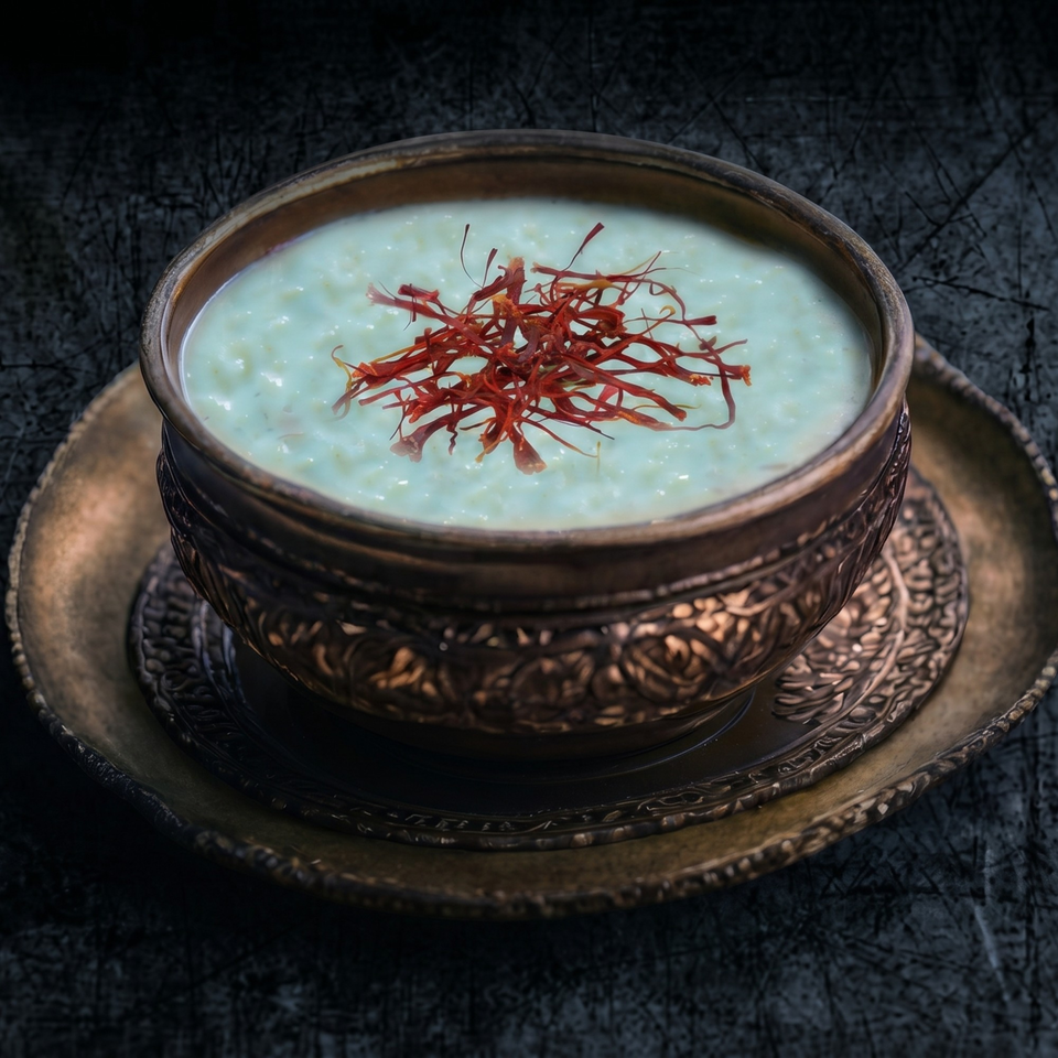 A bronze bowl of creamy rice pudding, topped with vibrant red saffron threads, on a matching plate.