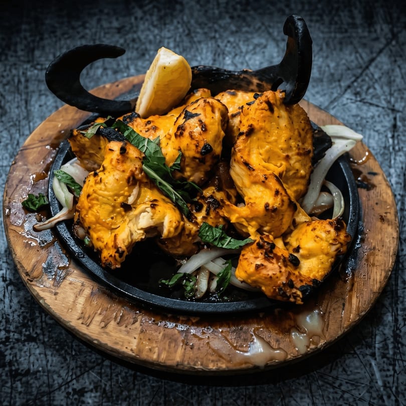 Sizzling chicken tikka with onions, mint, and a lemon wedge on a cast iron platter.