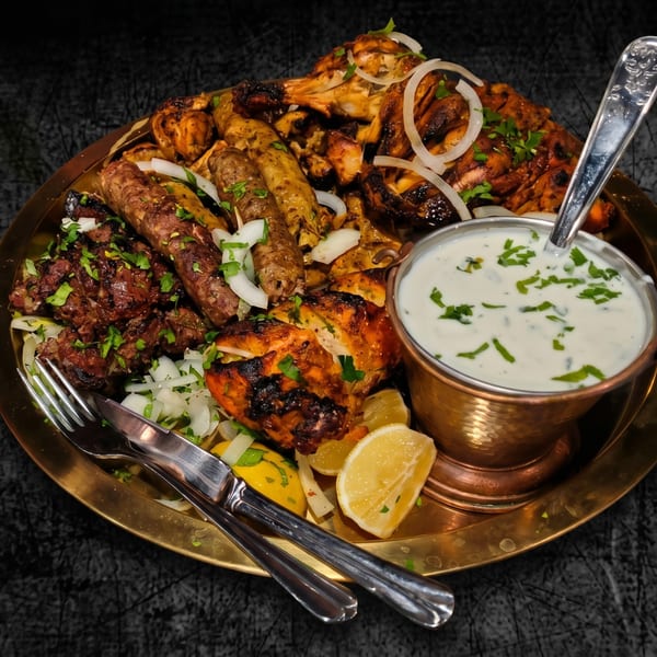 A large platter of grilled meats, including chicken, kebabs, and beef, with onions, lemon, and a side of white sauce.