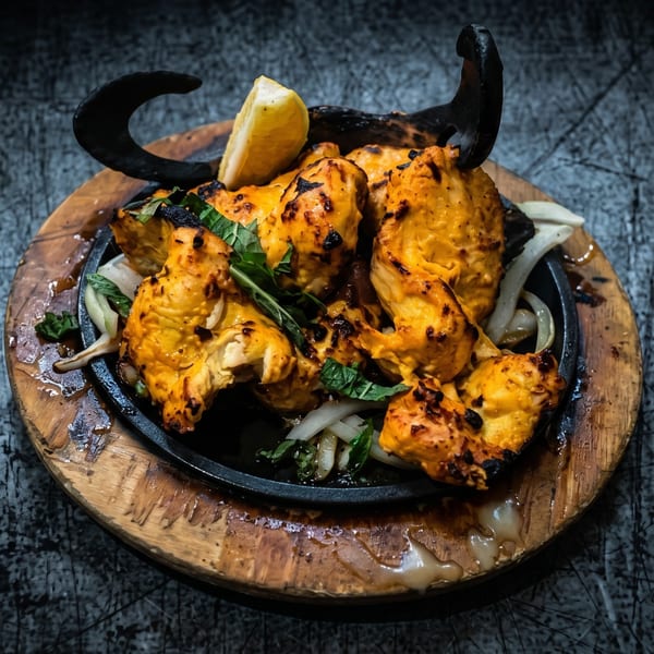 Sizzling chicken tikka with onions, mint, and a lemon wedge, served on a hot plate.